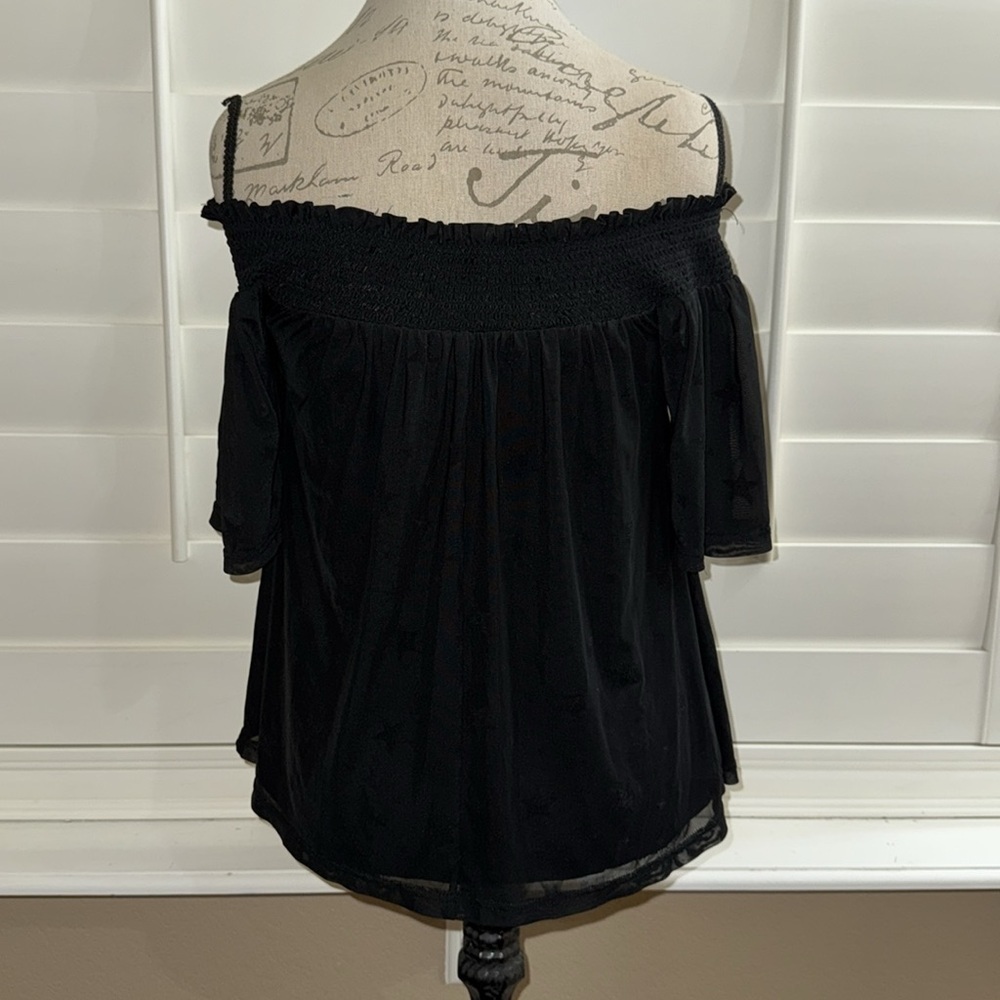 Maeve Anthropologie Sheer Star Off Shoulder Black Top - Picture 5 of 10